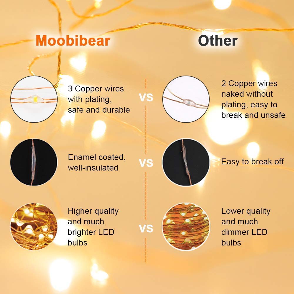 Moobibear LED Fairy Lights, 164ft Dimmable Copper String Lights with Remote, Warm White, UL-Listed for Outdoor Decor