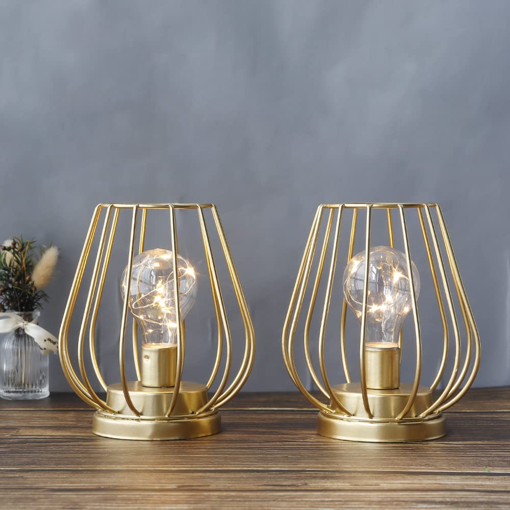 Trirocks 2 Set Ofmetal Battery Operated Lamp 7'' Tall Mini Cage Shape Cordless Table Lamp Battery Lanterns With Warm Fairy Light