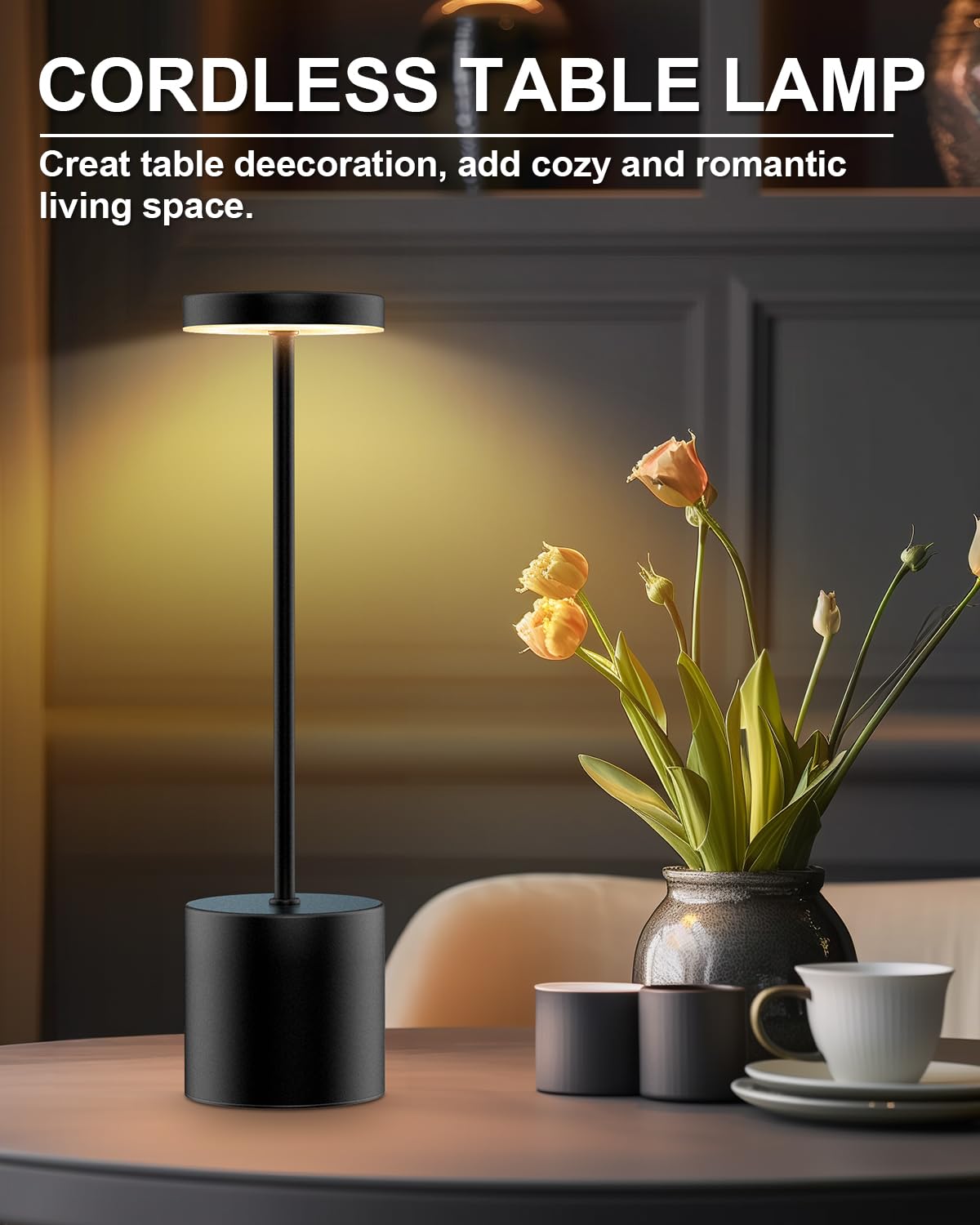 Swinerton Cordless Table Lamp - Rechargeable LED, 5000mAh Battery, 3 Color Dimmable, Portable for Outdoor/Indoor Use, Black, Model 9061S
