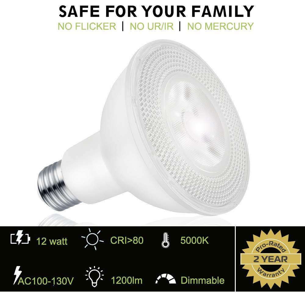 Kenescalr 12W Par30 Led Flood Light Bulbs, 5000K Daylight White, Dimmable,