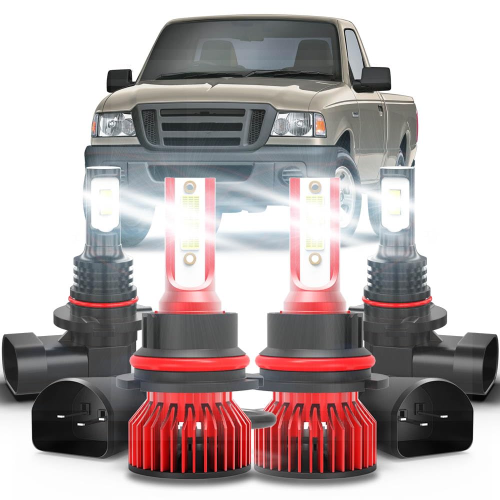 MNWHUC LED Headlight and Fog Light Bulbs 9007/HB5 + 9005, Super Bright, Plug-and-Play, Pack of 4 for Ford Ranger 2001-