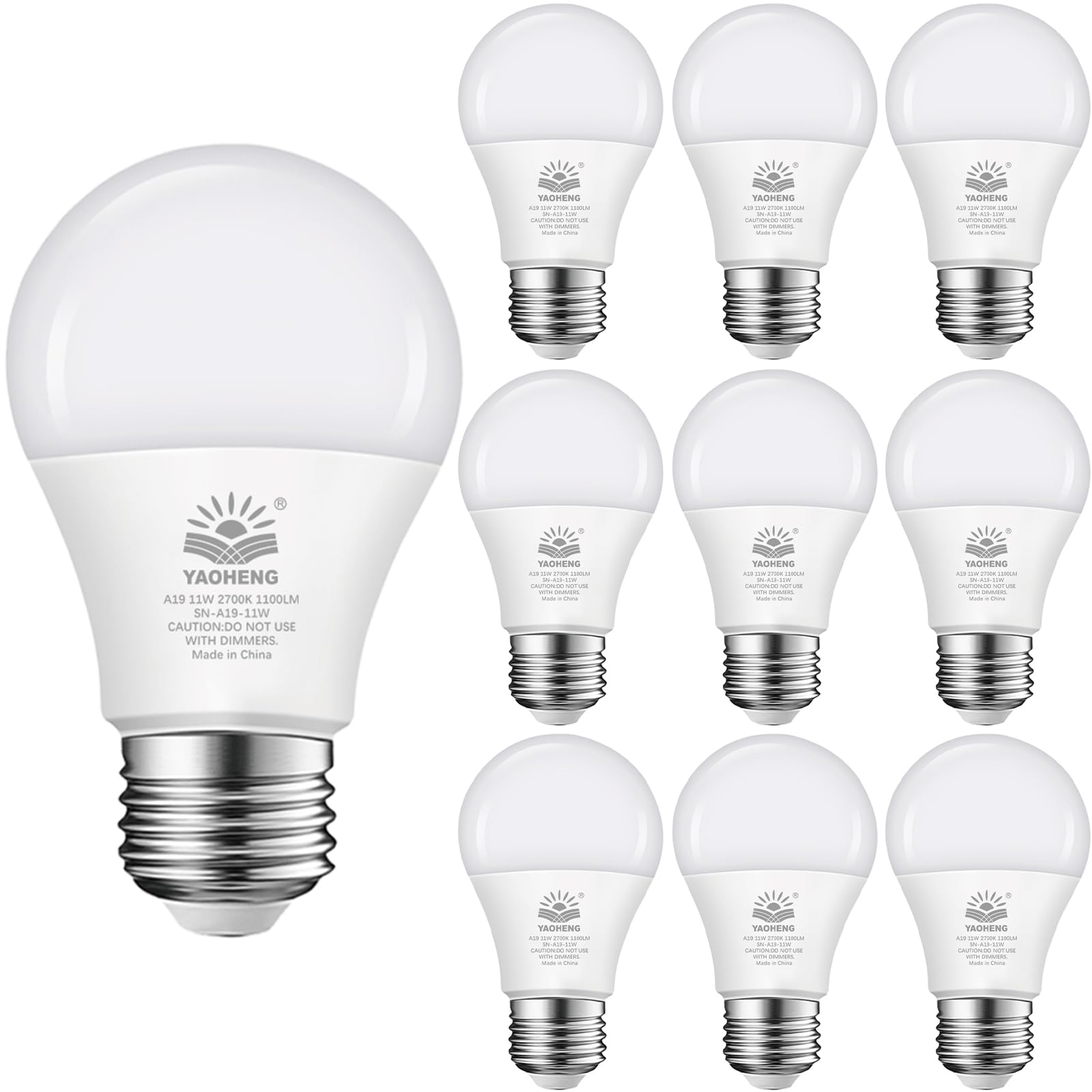 YAOHENG A19 LED Light Bulb 75W Equivalent, 11W, 1100 Lumens, Non-Dimmable, E26 Base, 2700K Warm White, 