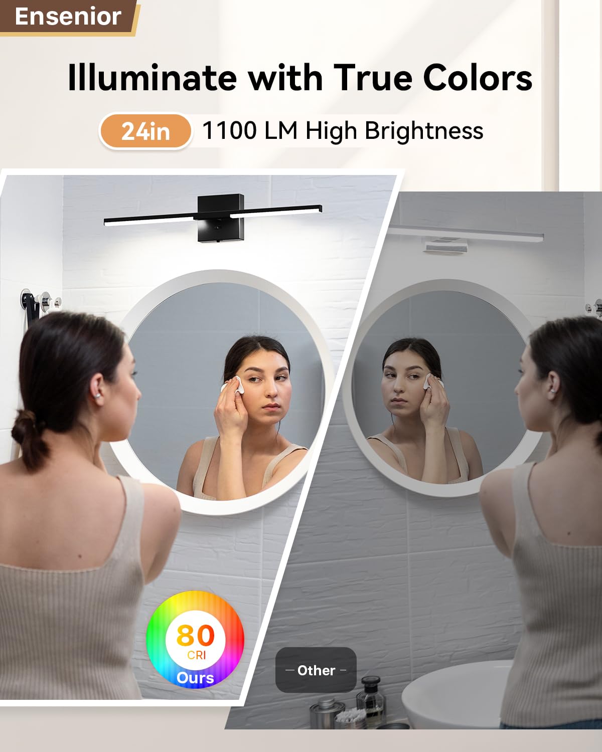 Ensenior Modern Bathroom Vanity Light 24 Inch, Built-In Dimmer, 13W Dimmable 5Cct Led Bathroom Light Fixture Over Mirror, Black