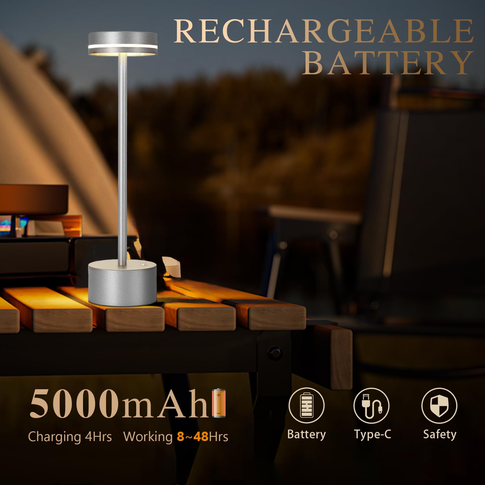 Gkeiten LED Cordless Table Lamp, Rechargeable 5000mAh, 3 Color Dimmable, Silver, Model 3