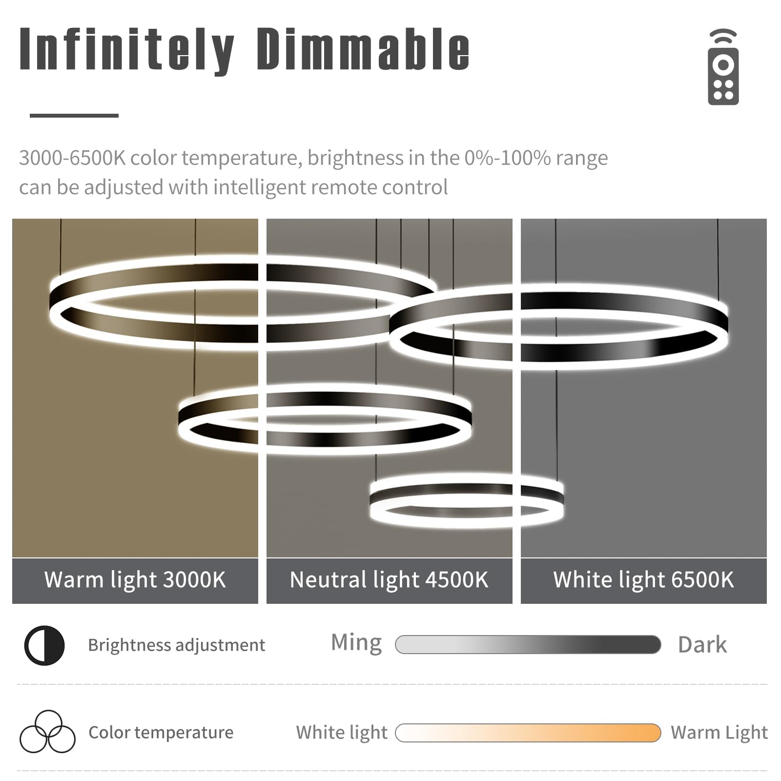 Matven Modern Ceiling Chandelier Light, Dimmable 3 Color Modes, Remote Control, Black, 15.74-39.37in, Model KD-YX