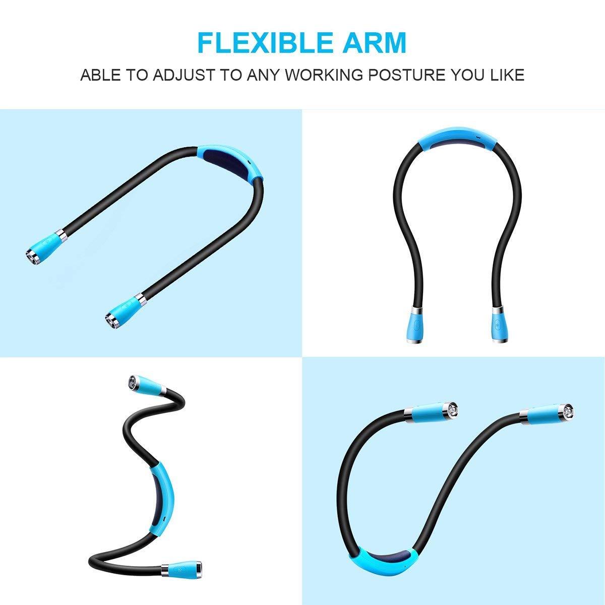 TSINGREE LED Neck Book Light, USB Rechargeable, 4 Bright LEDs, 3 Brightness Levels, Blue, Model QRNBL