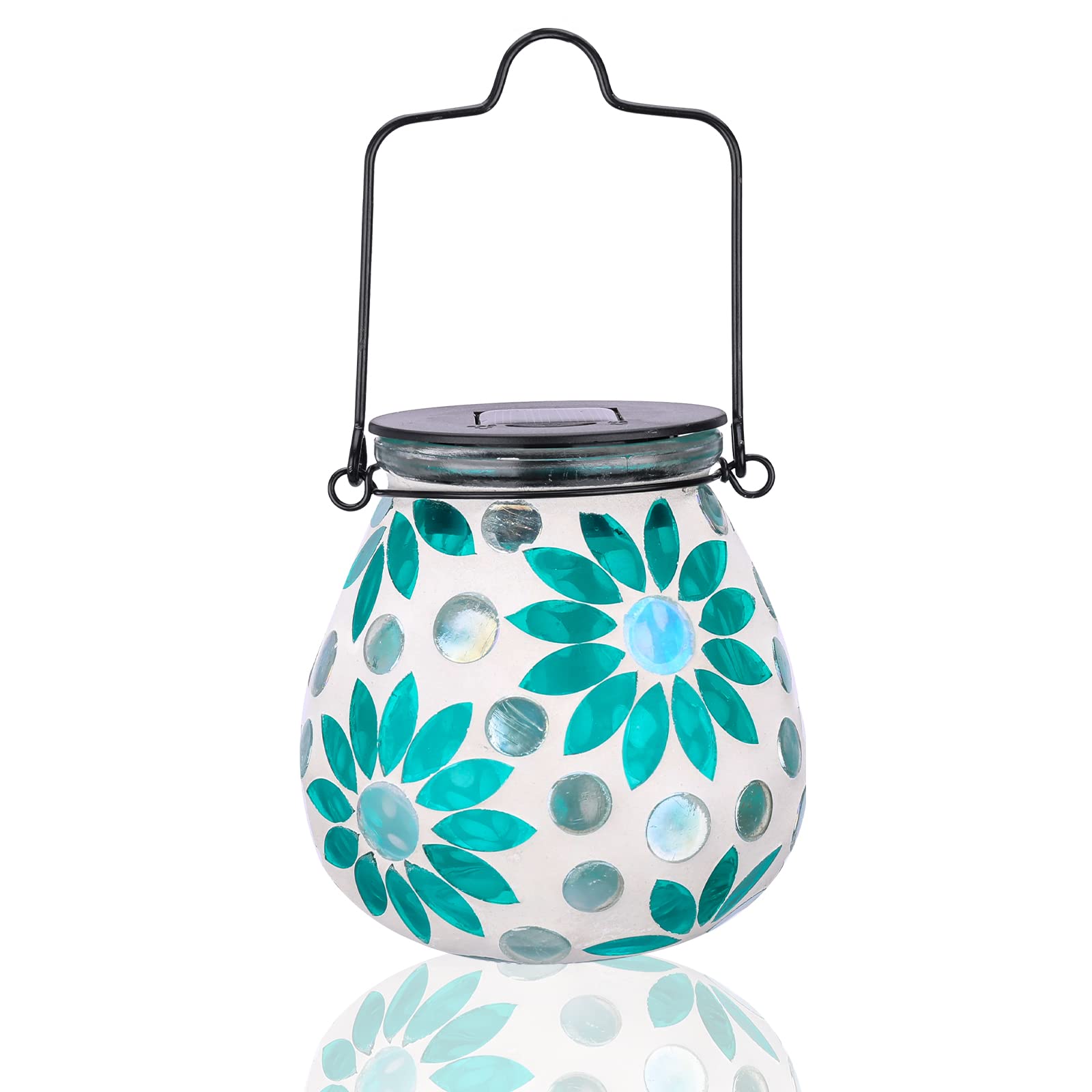 Afirst Mosaic Solar Lantern - Glass Hanging Outdoor Light, Waterproof Table Lamp, Blue Daisy, Model 4428721
