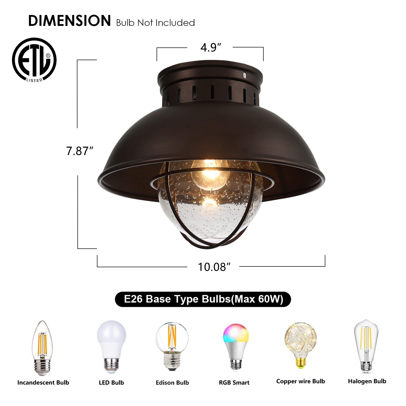 ALAISLYC Outdoor Ceiling Light Farmhouse 10 Inch Flush Mount Ceiling Lights Fixture Oil Rubbed Bronze,Metal Cage Seeded Glass Se