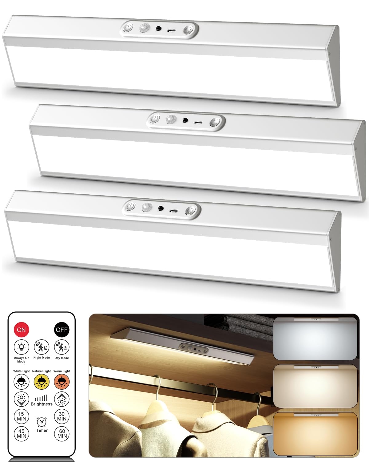 Motion Sensor Closet Lights with Eye Protection Design 400 Lumen Pantry Light Under Cabinet Wireless Lights with Remote Control,