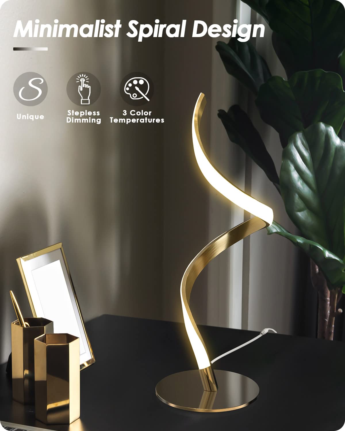 Yarra-Decor Modern Spiral Bedside Lamp - Touch Control LED, Dimmable, Compact, Gold, Model TD-010SPIRAL, 3000K/4000K/5000
