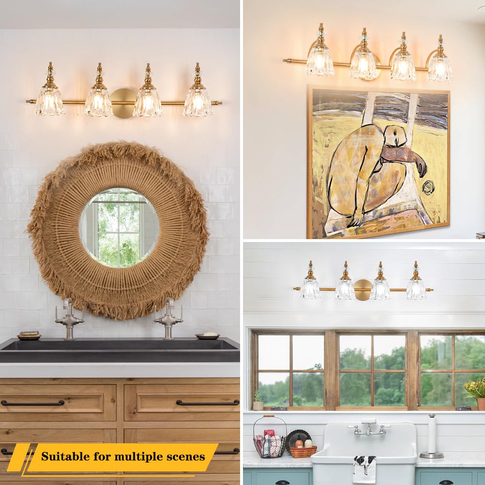 Ditoon Gold Bathroom Light Fixtures 4 Lights, Antique Brass Vanity Light, Bathroom Vanity Light Over Mirror, Vintage Bathroom Li