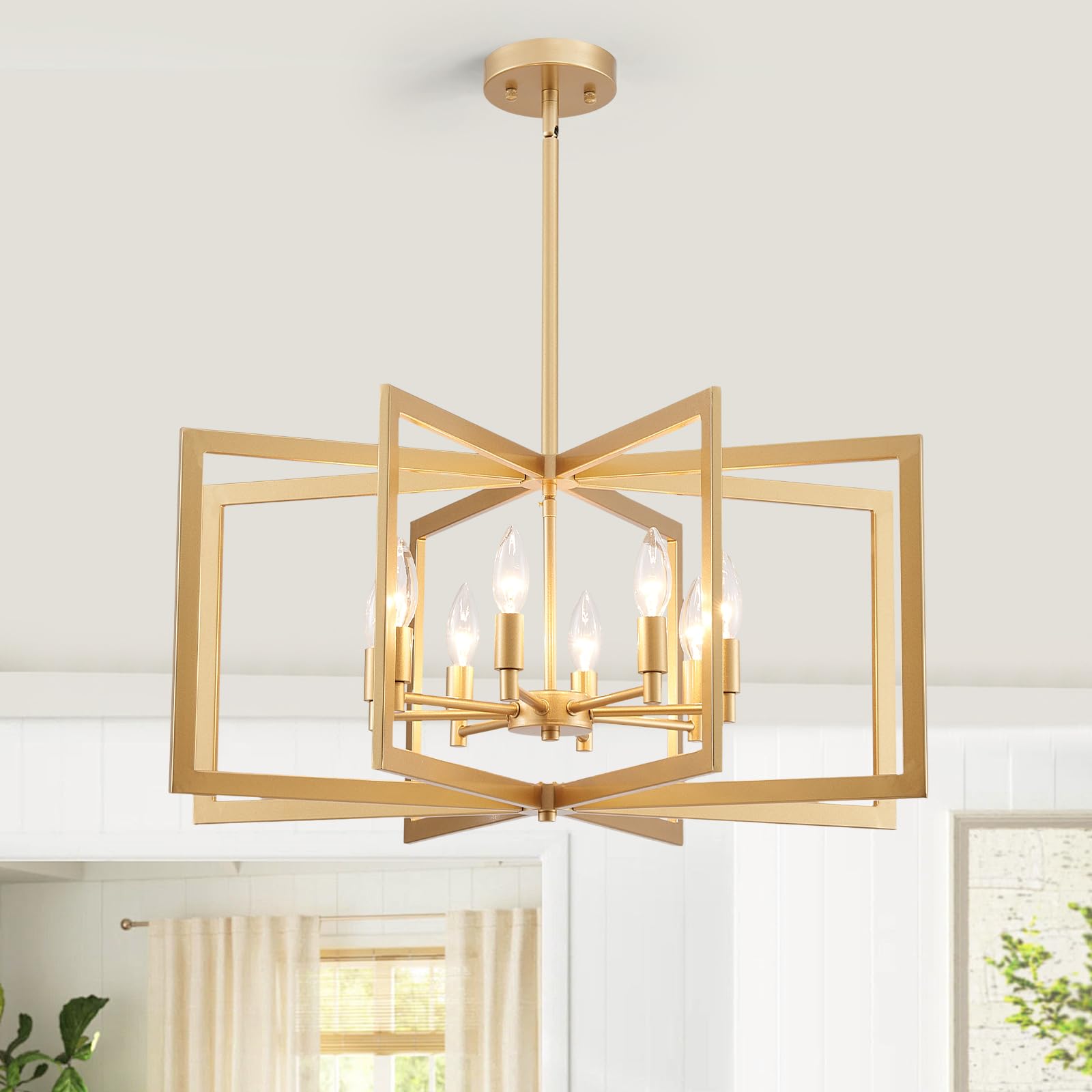 peskoe 8-Light Gold Chandelier 26 Inch Large Dining Room Light Fixture Geometric Metal Modern Pendant Hanging Ceiling Lamp for K