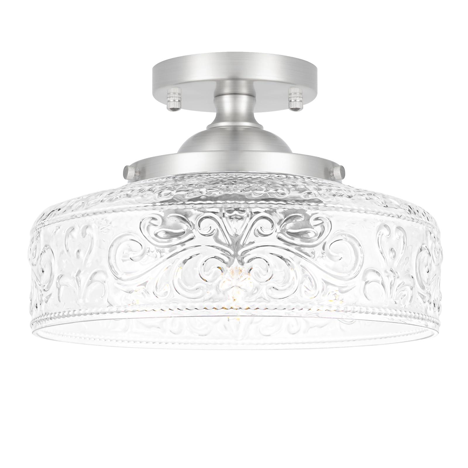 Brushed Nickel Semi Flush Mount Ceiling Light  3-Light Close To Ceiling Light  Flush Mount Ceiling Lighting With Globe Glass  Farmhouse Closet Fixtures For Hallway Bedroom Entryway Kitchen Porch E12