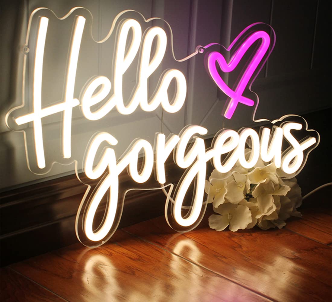 Dakabuka Hello Gorgeous Neon Signs White Led Light Hello Beautiful Wall Art Gift For Home Decoration Wedding Birthday Backdrop Bacelorette Party Wth Dimmable Switch(5V,16.5X11Inches)