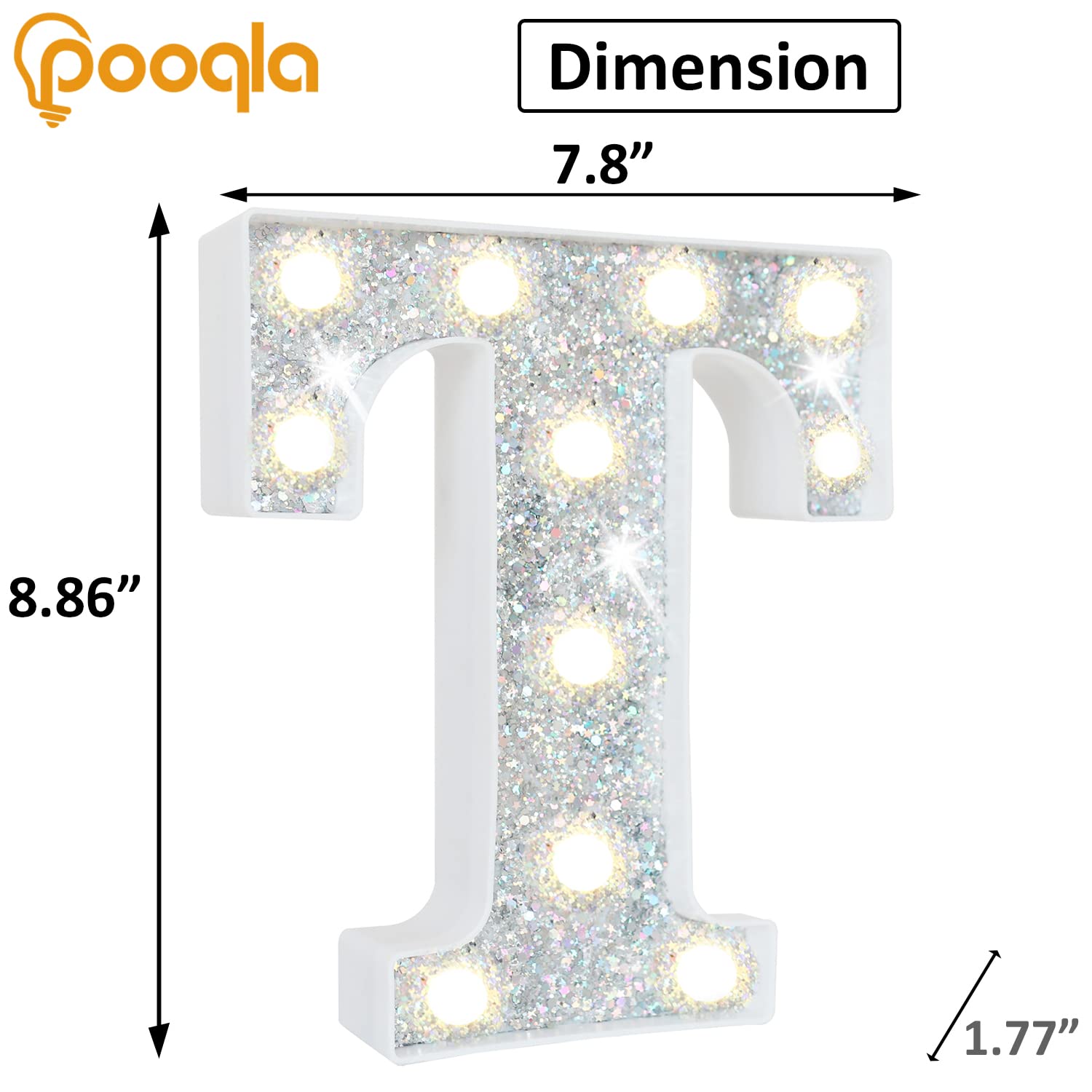 Pooqla LED Marquee Letter Lights, Battery Powered Silver Glitter Alphabet Sign for Parties, Weddings, Home Decor, Sequin Silver