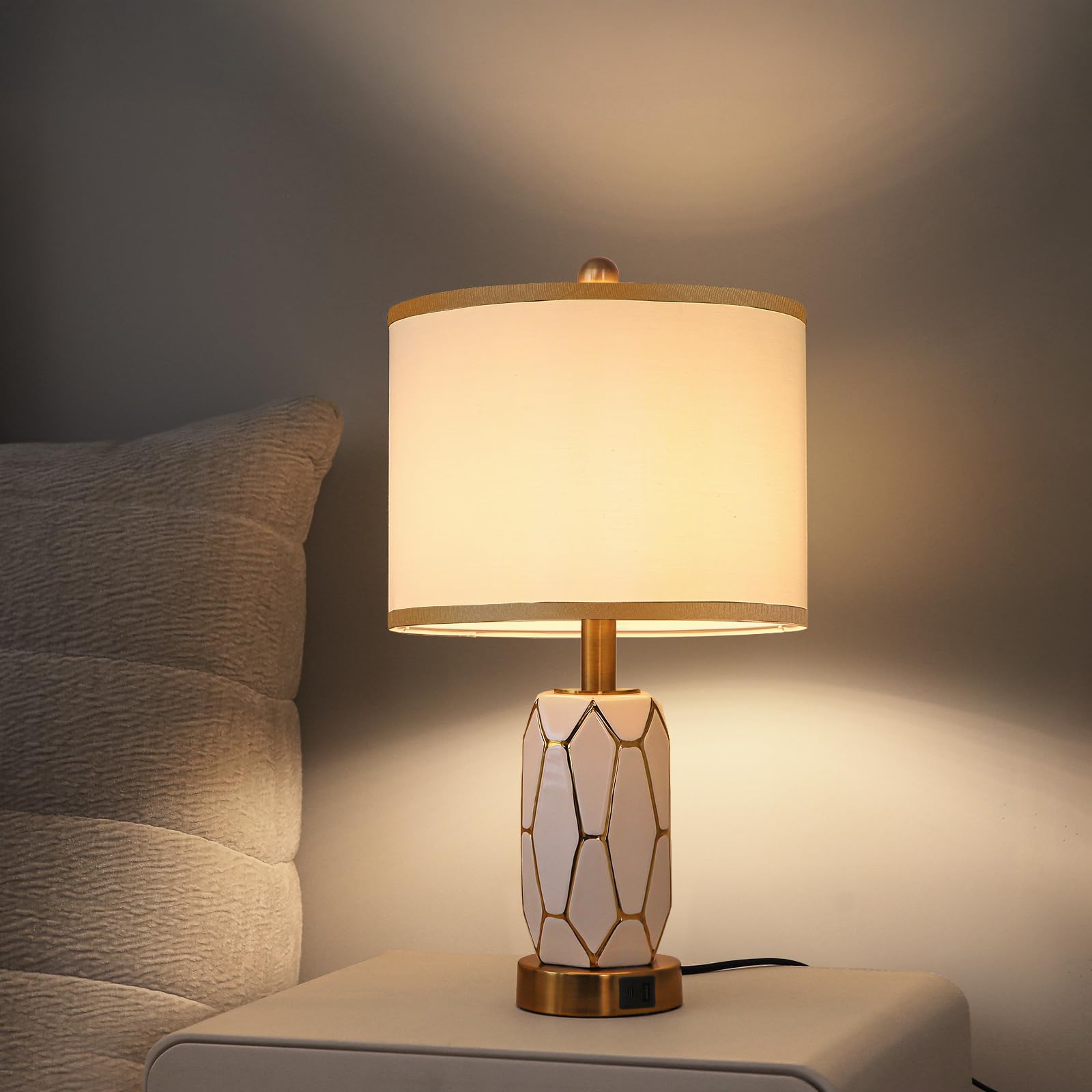 workluurop Touch Control Ceramic Table Lamps Set of 2 with USB Ports, 22.5 Inches, White, Bedside Nightstand Lamp with Fabric Drum Shade