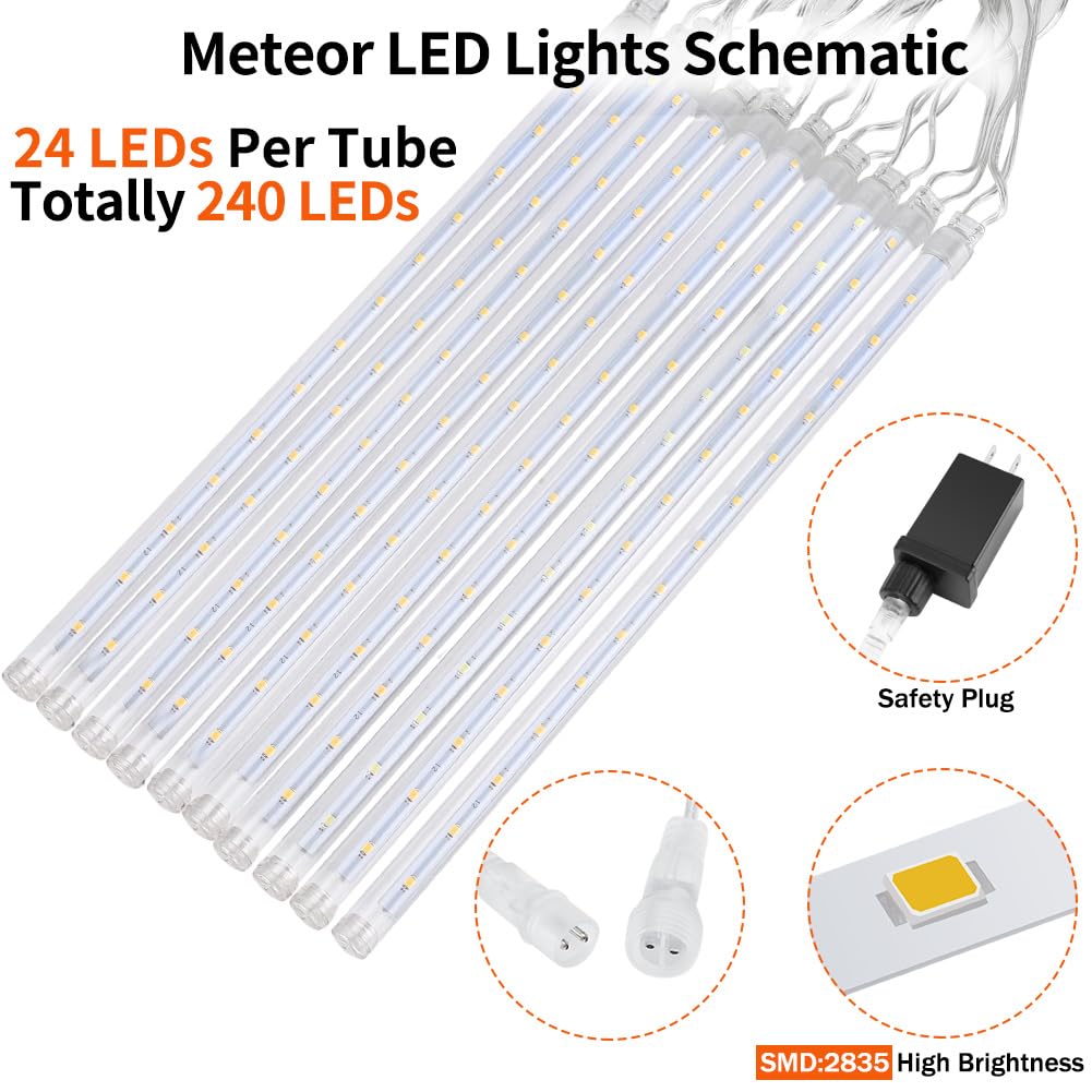 Jjgoo Christmas Lights Outdoor  Meteor Shower Rain Lights 10 Tube 12 Inch 240 Leds Icicle Raindrop Light For Xmas Tree Halloween Holiday Decoration  White