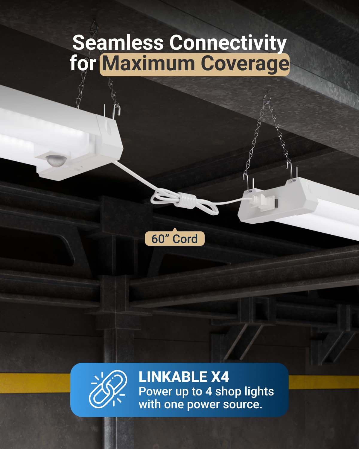Sunco Motion Sensor 4ft LED Shop Light, Garage Lights Ceiling LED Plug in Fixtures, 40W, 5000K Daylight, Frosted, Motion Activat