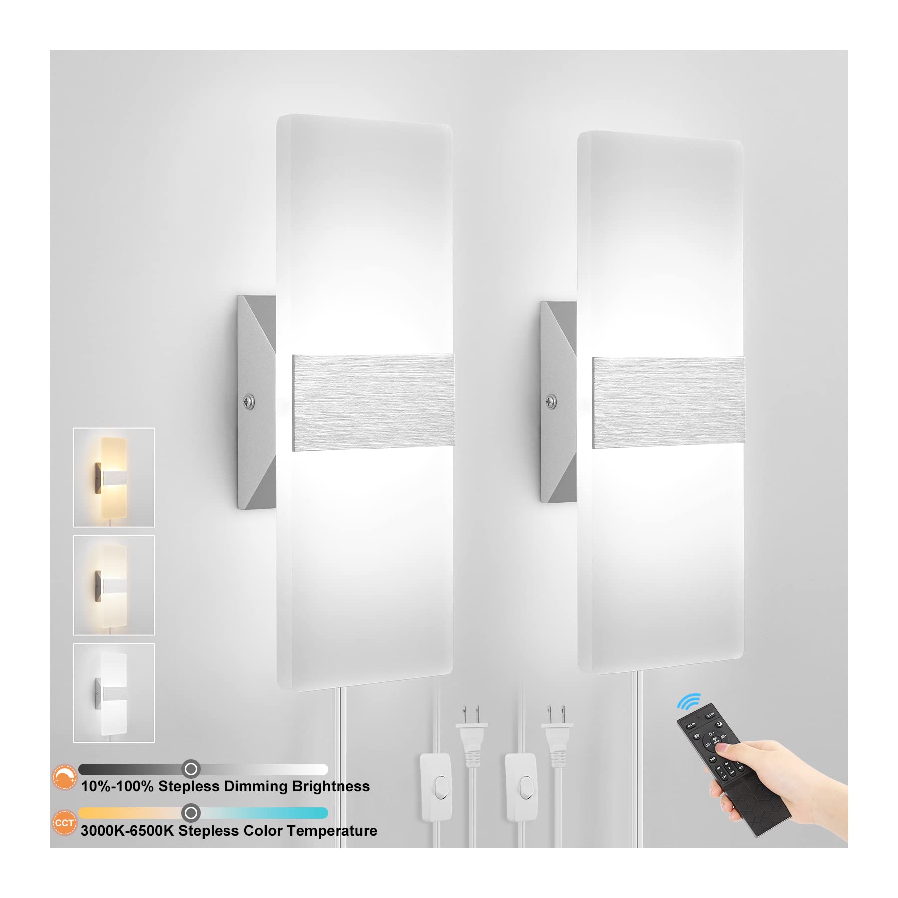 GOODATE Plug-in Wall Sconces, 12W LED, Adjustable 3000K-6500K, 2 Pack, Acrylic, Silver