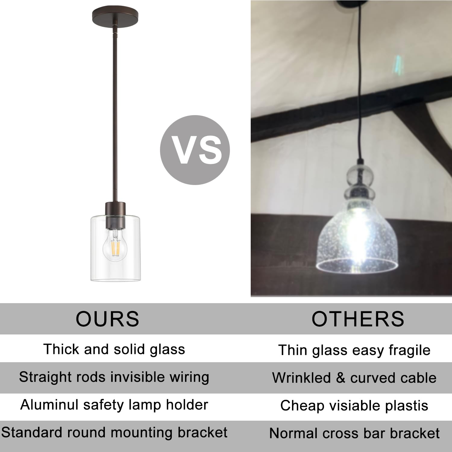 KLSS Oil Rubbed Bronze Pendant Light Fixture - Clear Glass, 3 Rods (12 Inch & 4 Inch), Model KFDD1P001