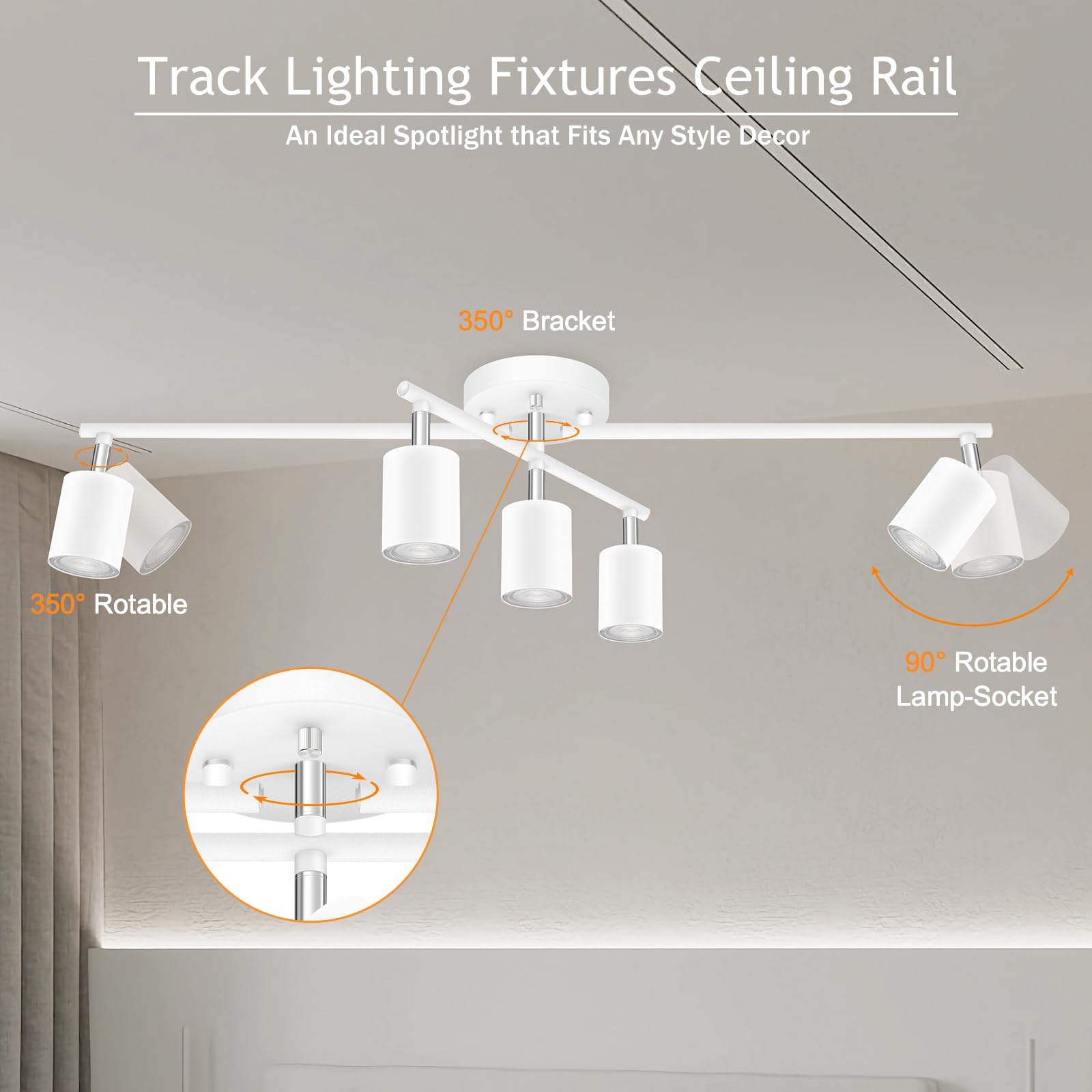 Boostarea 5 Light Track Lighting Kit, White 5 Way Ceiling Spot Lighting, Center Swivel Track Light Heads, Flexibly Rotatable Lig