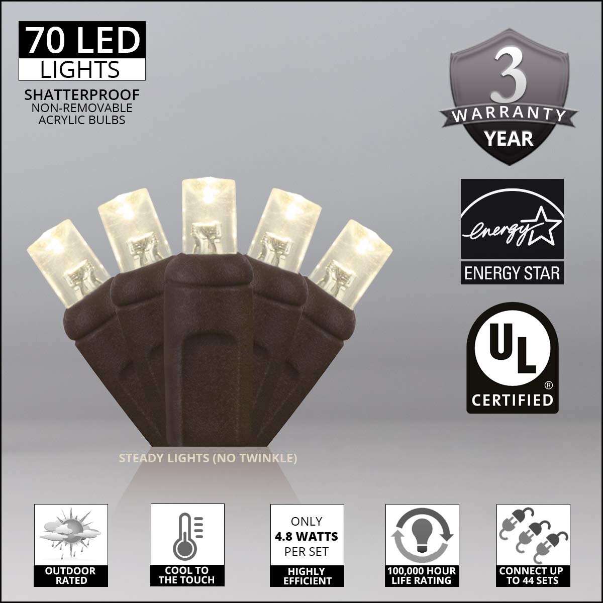 Wintergreen Lighting LED Mini Light Set, 70 Warm White 5mm Lights, 24 ft, Indoor/Outdoor, Black Wire, UL Certified