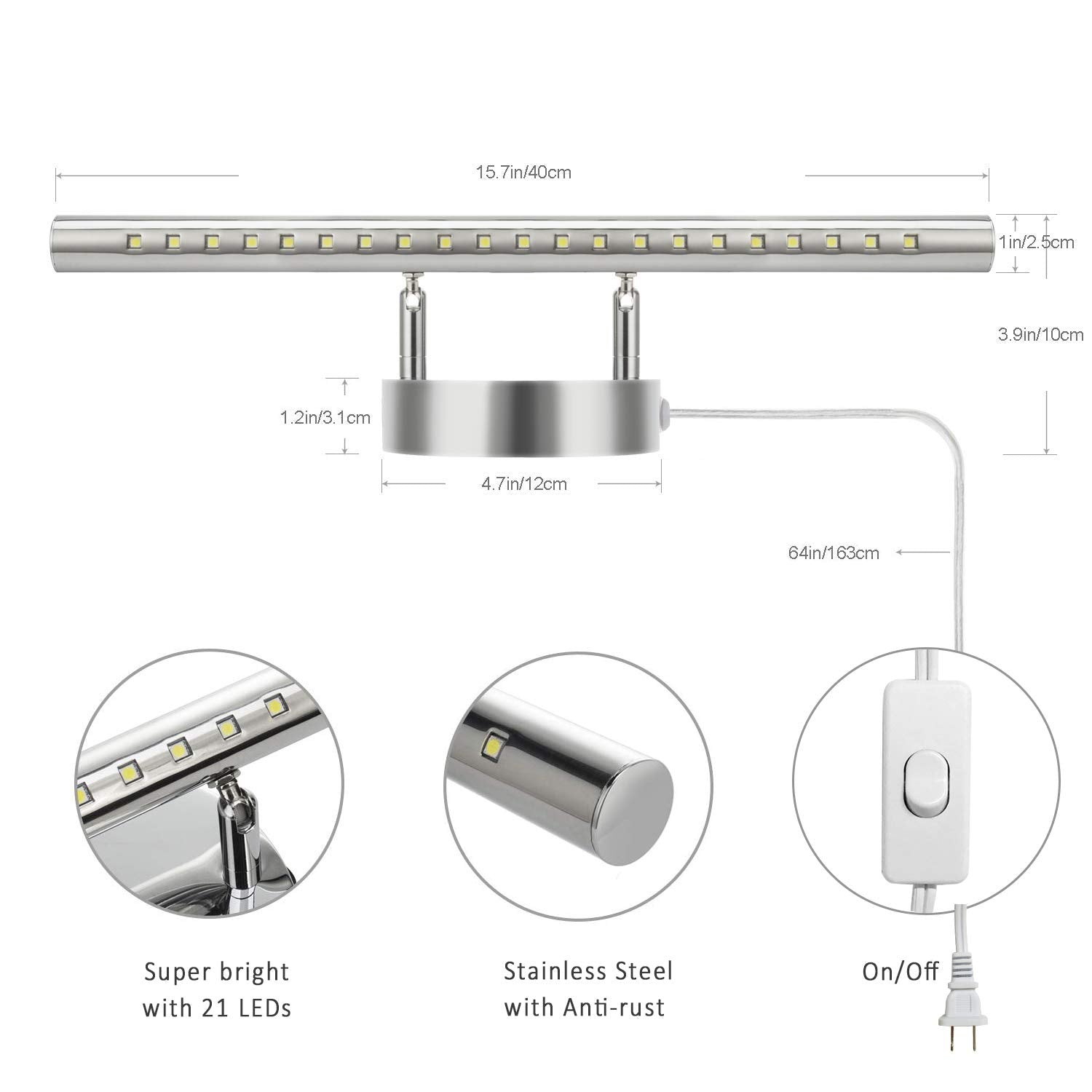 Letsun Bathroom Vanity Lights, 15.7 Inches, 5W LED, Stainless Steel, Chrome, Model 8004-CW, 180° Rotation, 6000K Cool White