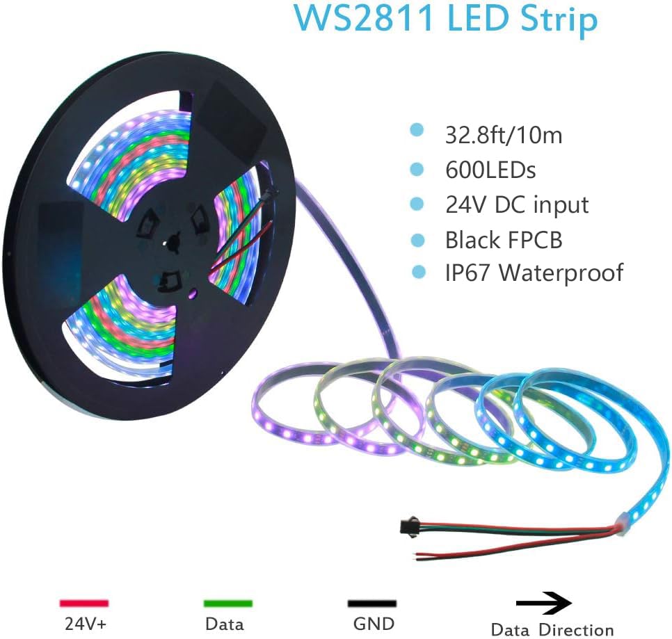 ALITOVE RGB LED Strip Light 32.8ft 600 LEDs 5050 SMD Waterproof IP67 Black FPCB for Arduino Raspberry Pi Model AL10m2811BK600WP