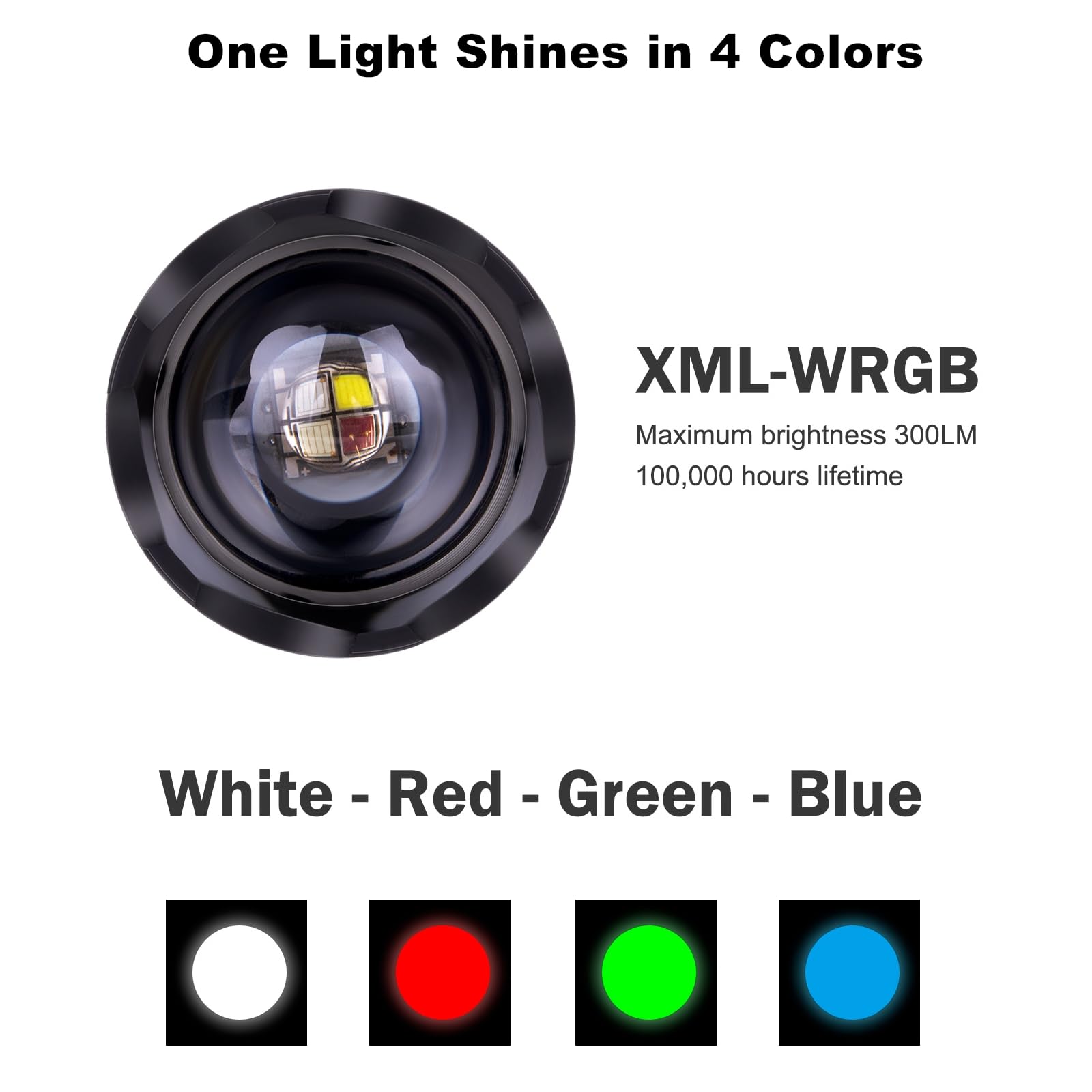 LUMENSHOOTER Zoomable Red Flashlight - 4-in-1 RGBW LED, Aluminum, Multicolor for Night Vision, Fishing, Astronomy