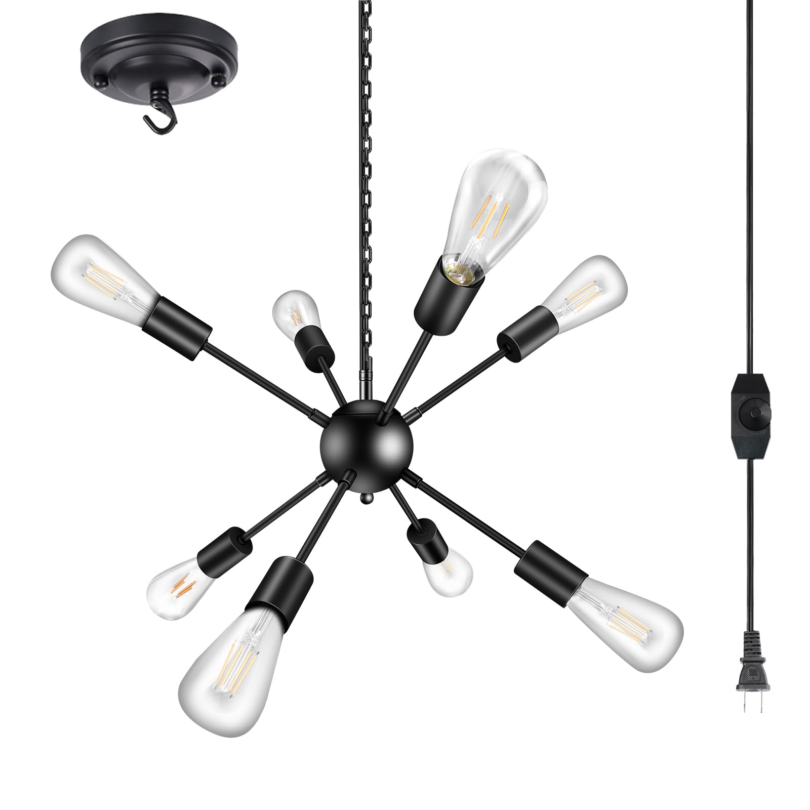 Jacklove Dimmable Plug In Chandelier, 8-Light Black Metal Ceiling Hanging Lights With 16.4Ft Long Cord On/Off Switch, Mid-Centur