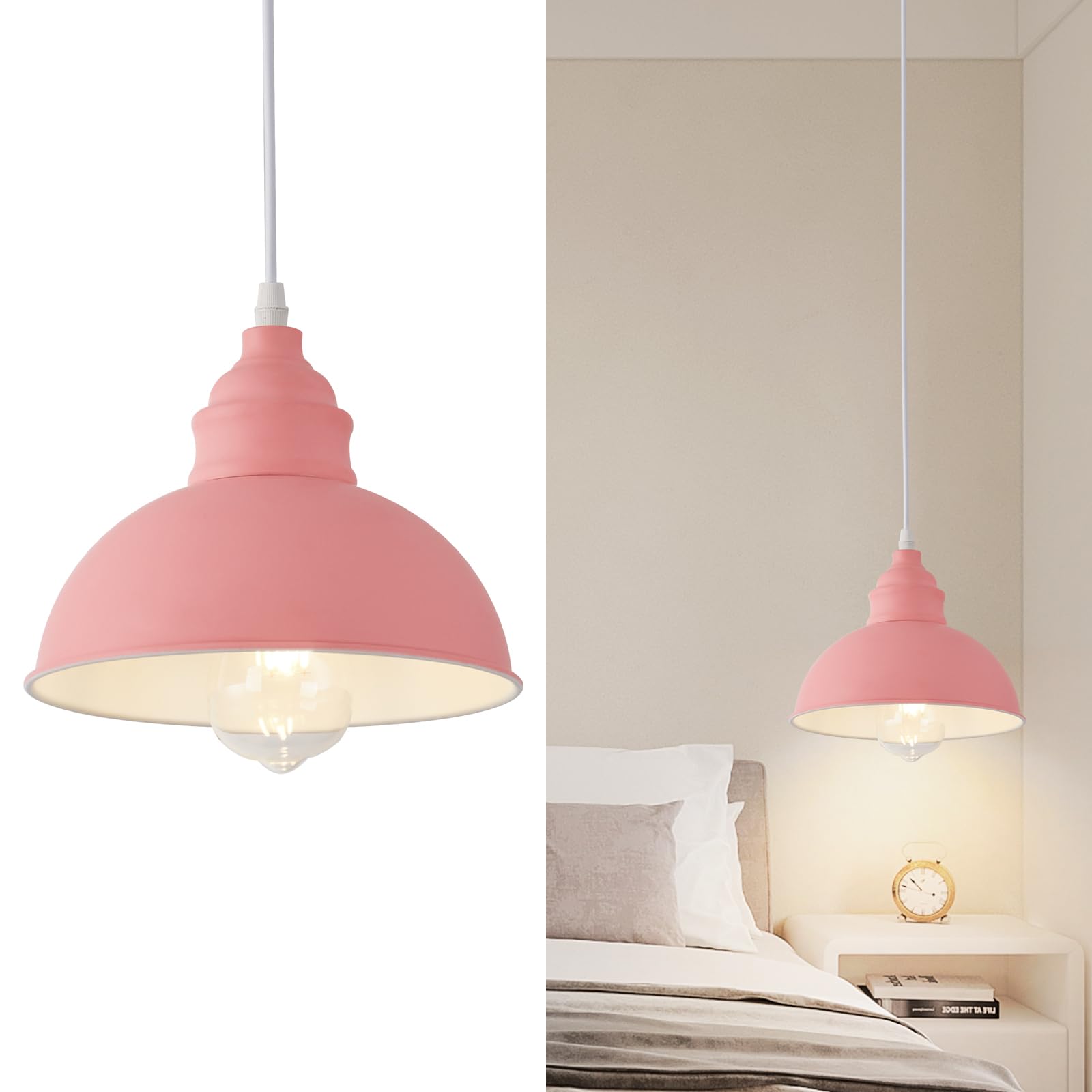 SoodMi Plug-in Pendant Light, Industrial Metal Hanging Lamp, 15FT Cord, On/Off Switch, Pink, Model PDL-013