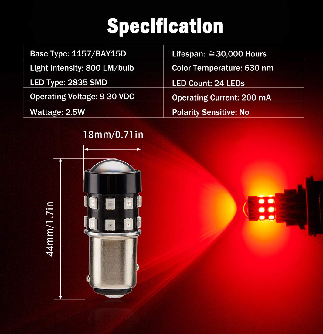 Brishine 4-Pack Super Bright 1157 2057 2357 7528 Bay15D Led Bulbs Brilliant Red 9-30V Non-Polarity 24-Smd Led Chipsets With Projector For Brake Tail Lights, Turn Signal Lights