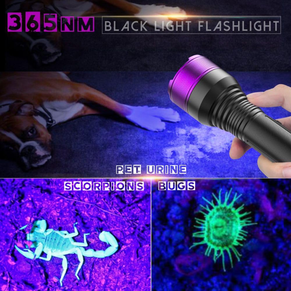 LBJD UV Blacklight Flashlight, 4-Core LED, Anodized Aluminum, High Power, Black & Purple, Model UVJ5