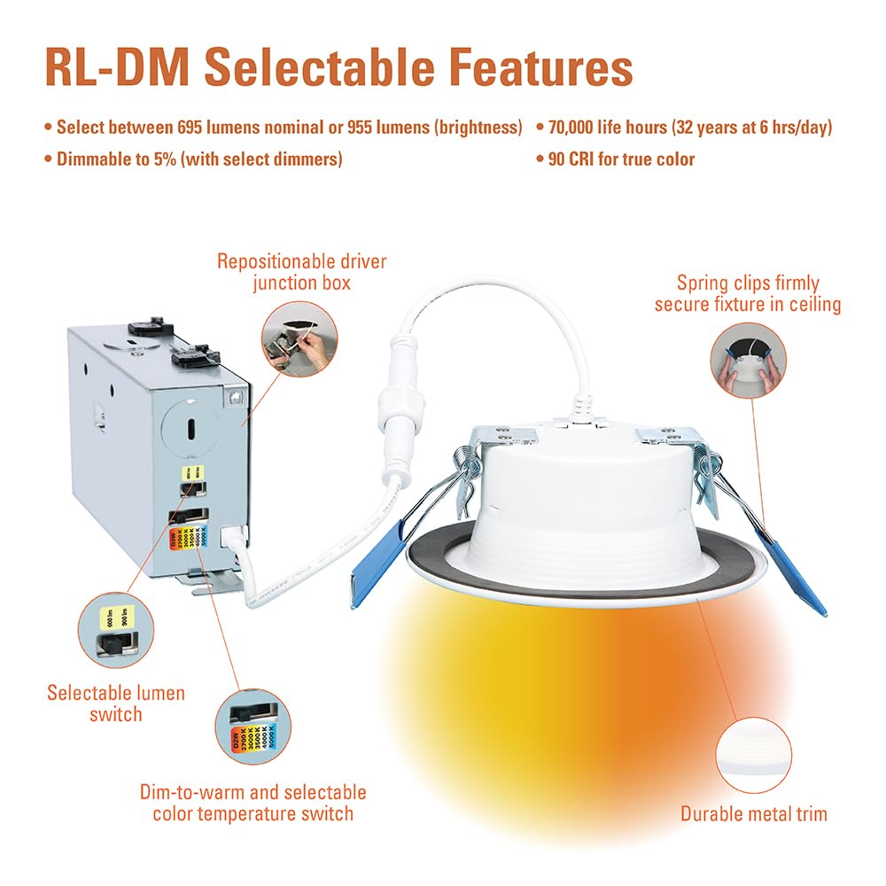 HALO LED Recessed Downlight 4 inch, 600/900 Lumens, 5CCT (2700K-5000K), Dim to Warm, Aluminum, Model RL4