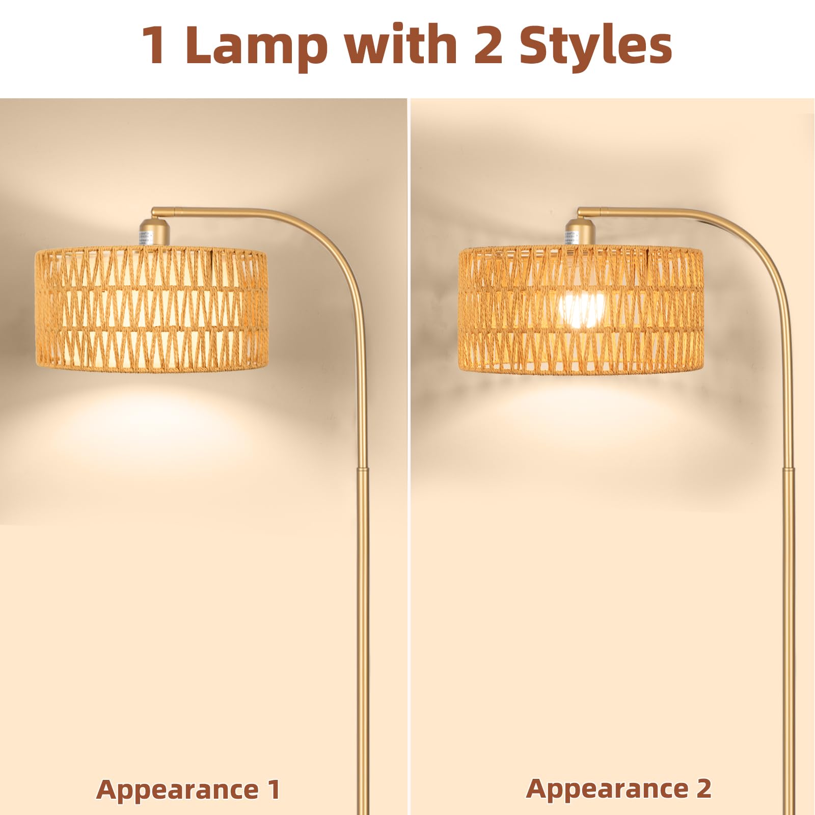 Brilvibera Gold Boho Floor Lamp - Adjustable Rattan Arc Lamp with Dimmable Bulb for Living Room, Bedroom, Office