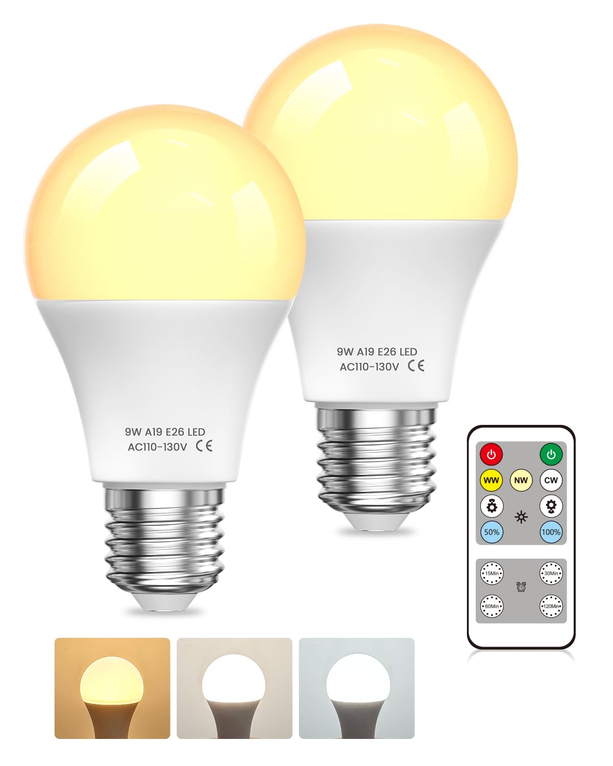 A19 LED Light Bulbs with Remote Control, 9W LED Bulbs 60W Equivalent, 3000K-6000K Dimmable Bulbs E26 Base, Remote Control Light 