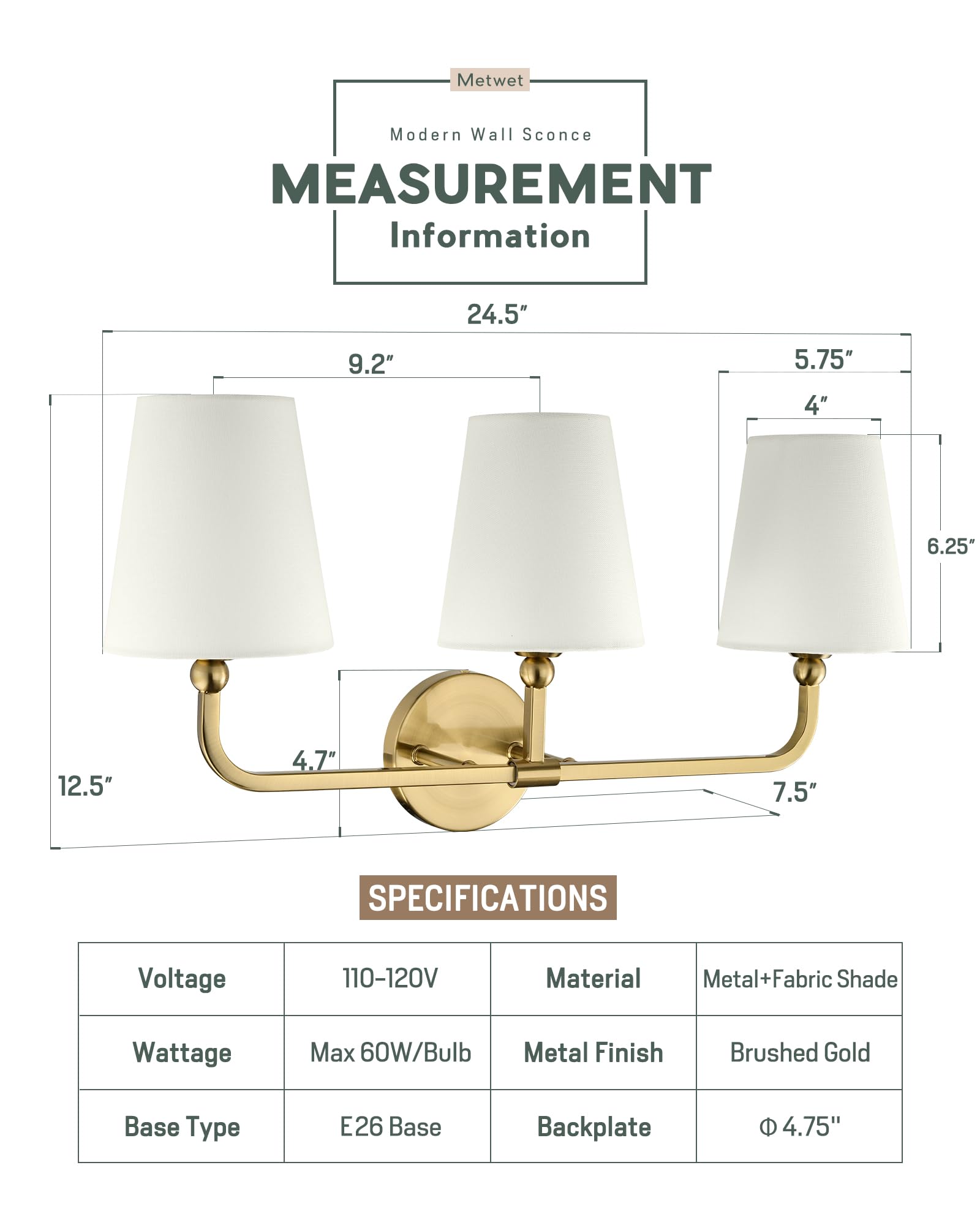 METWET 3-Light Bathroom Light Fixtures, Brushed Gold Vanity Sconces with Beige Fabric Shade, Model VL837-BG-B-3