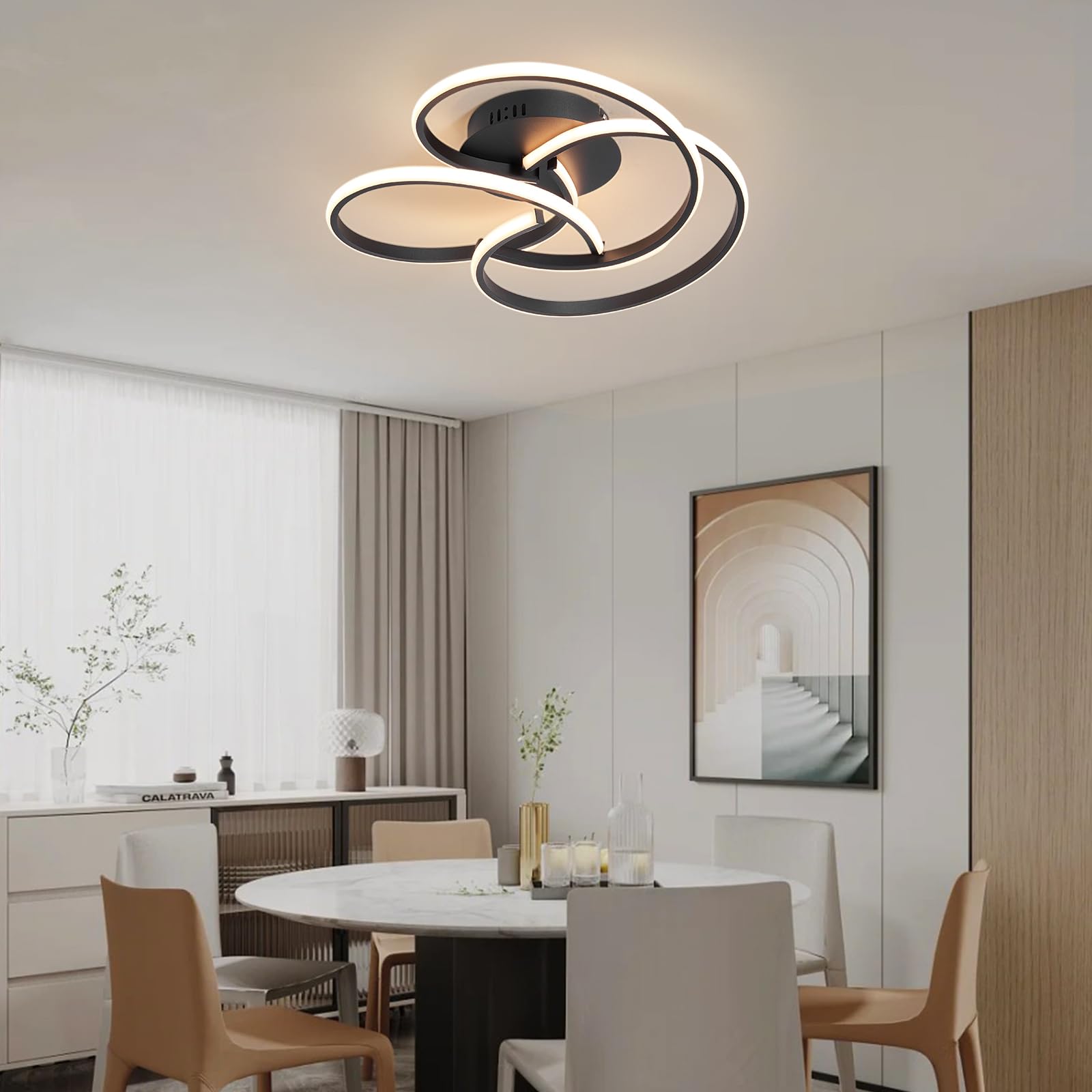 CANEOE Modern LED Ceiling Light Fixture, 42W Dimmable, Remote Control, Black, Flush Mount, Model CL-3BH-D-US