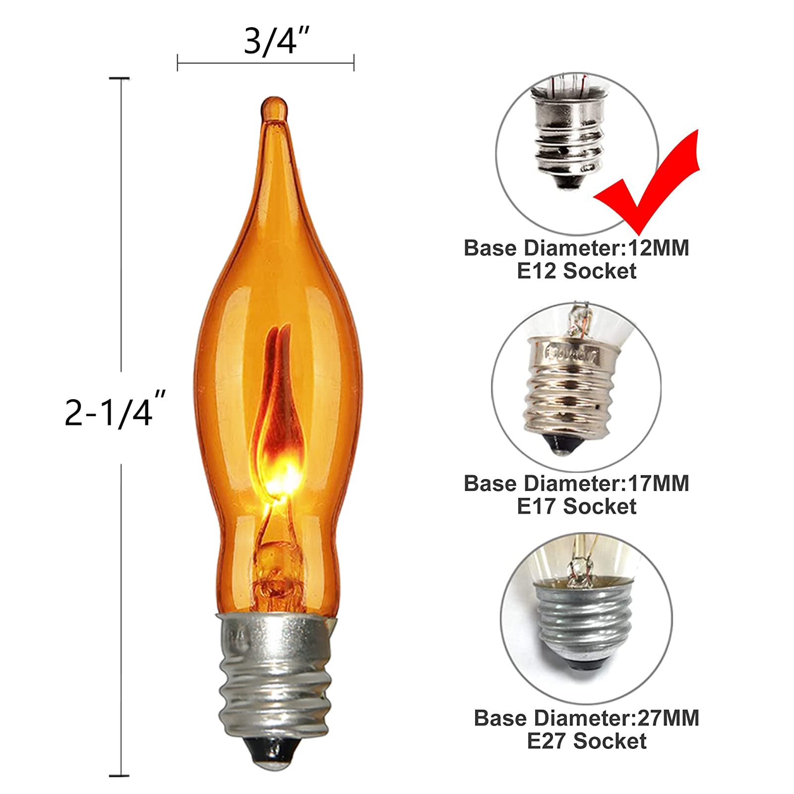 Bokoiuu Candelabra Flicker Flame Light Bulbs, C18 Orange Flame, 120V, 1W, E12 Base, 12 Pack, Glass