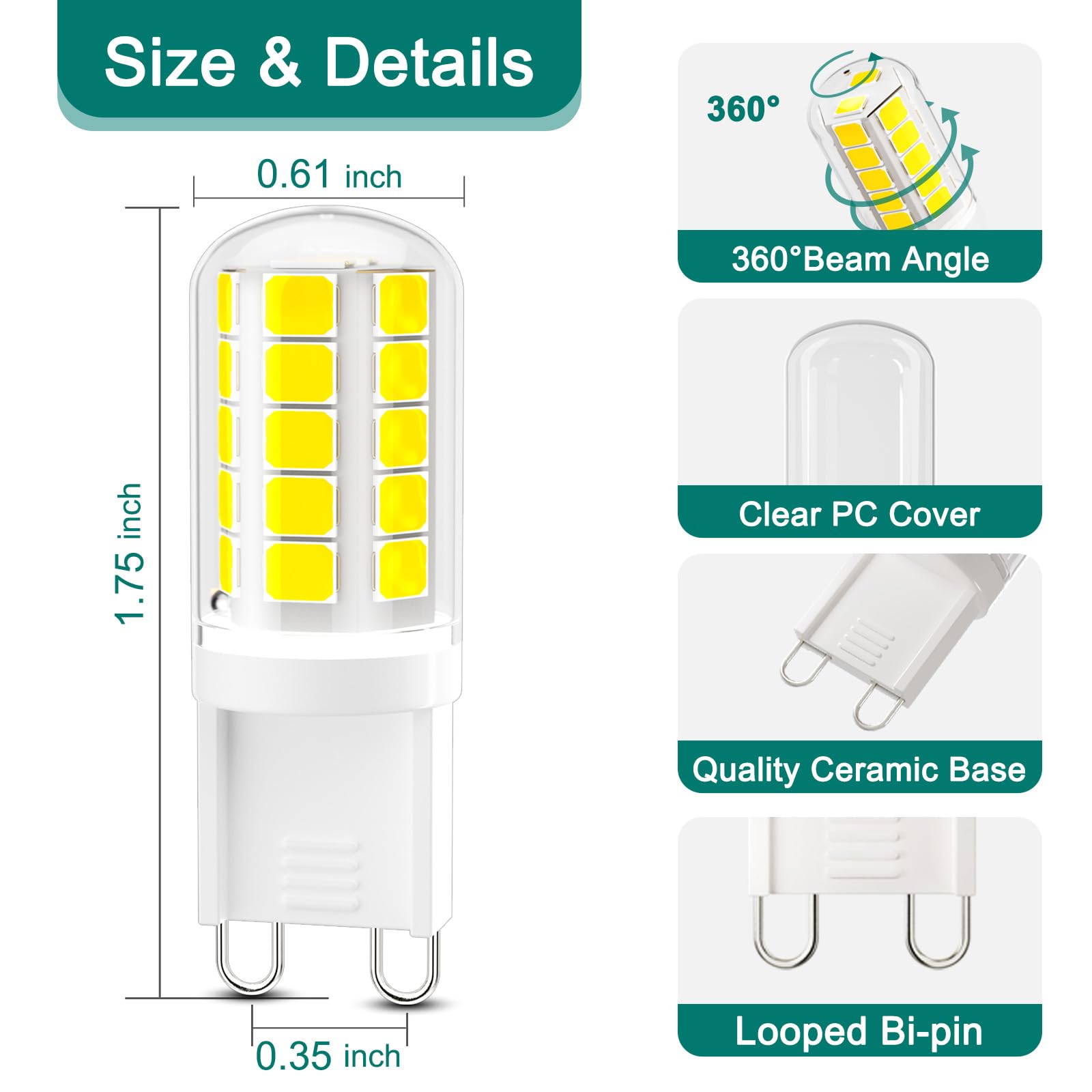 DiCUNO G9 LED Bulb 4W 40W Equivalent Pack of 6 Daylight White 6000K Non-Dimmable Bi-pin Base Model US-G9-32-CMC