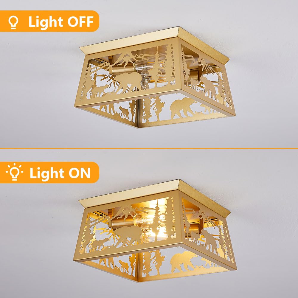 Gold Bear Lamp, Log Cabin Semi Flush Mount Ceiling Light Rustic Modern Farmhouse Golden Bear Light For Bedroom Entryway Living R