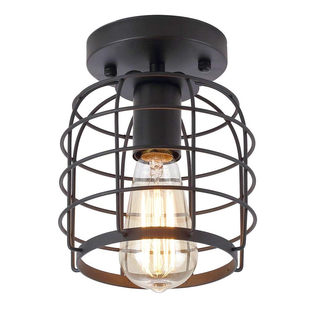 Create For Life® Industrial Vintage Flush Mount Ceiling Light,Rustic Metal Cage Pendant Lighting Lamp Fixture For Hallway Stairway Kitchen Garage, E26, Black Painting Finish