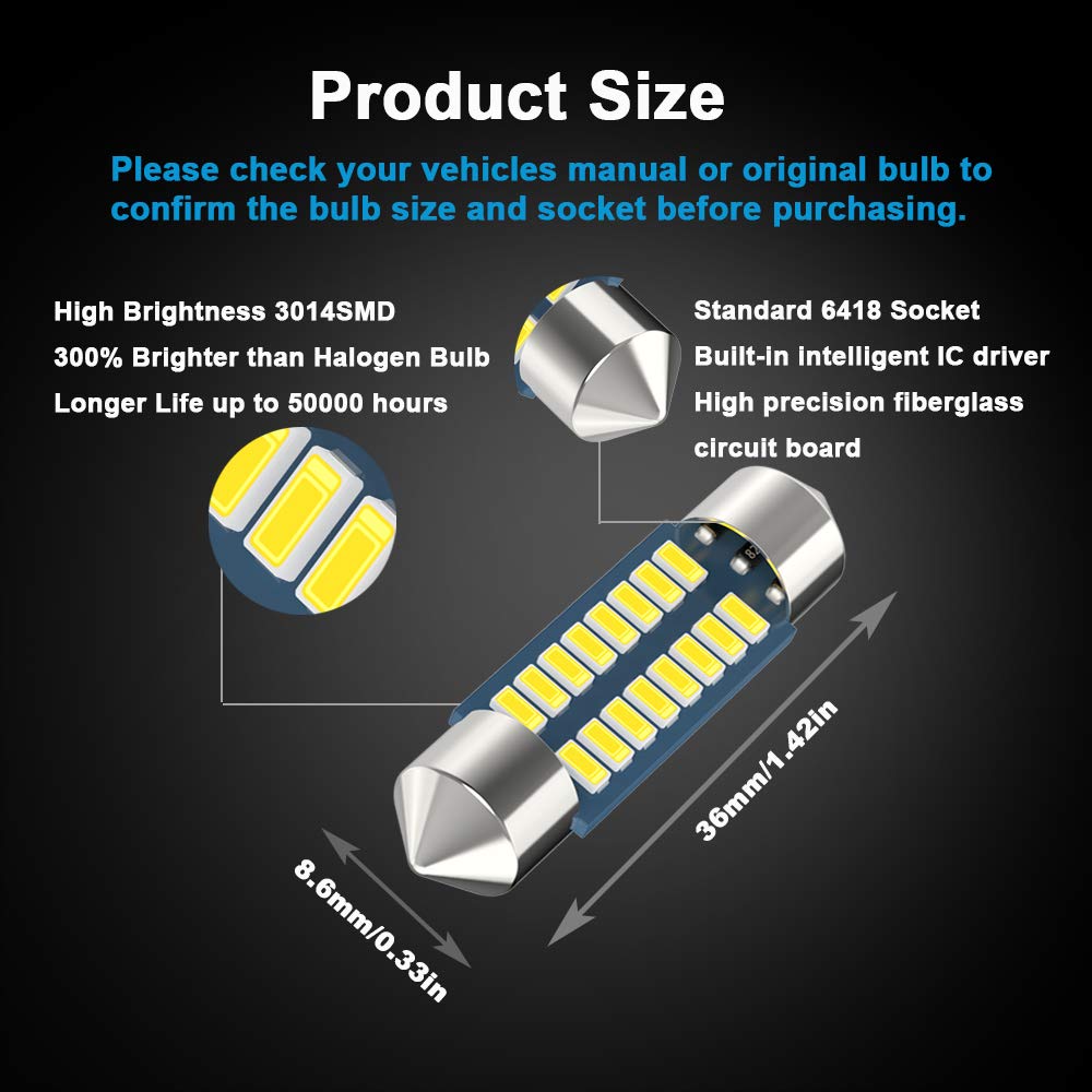 Serundo Auto 6418 Led Festoon Bulb 36Mm 1.42In C5W Festoon Led, Super Bright 16Smd 3014 Chips 6000K White Interior Led Bulb Used