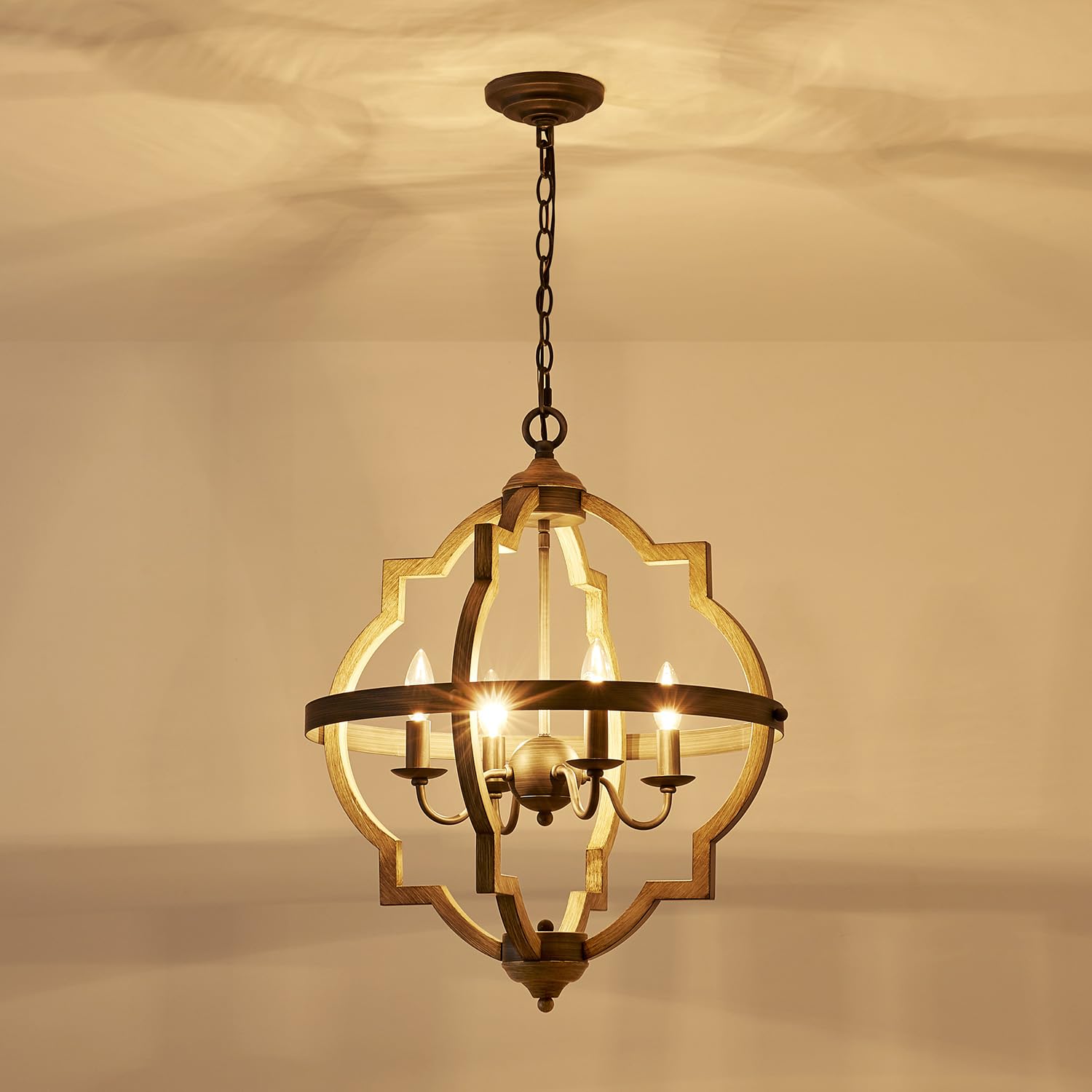 Saint Mossi 4-Lights Farmhouse Chandelier For Dining Room, Rustic Globe Black Chandeliers For Dinging Room, Orb Drum Chandeliers Light Fixtures, H22 X D20, Wood Grain Metal Frame