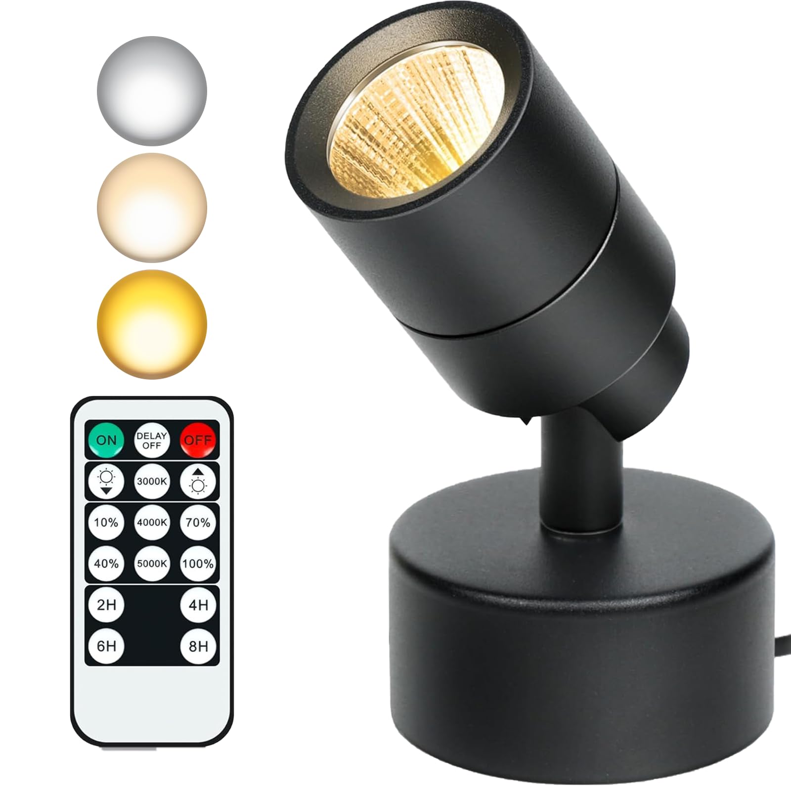 MIOBLUE LED Spotlights Indoor, 3W Dimmable with Remote Control, 3 Colors, Accent Light, 5.9 FT Cord, Model 03Spot-B, Color Black