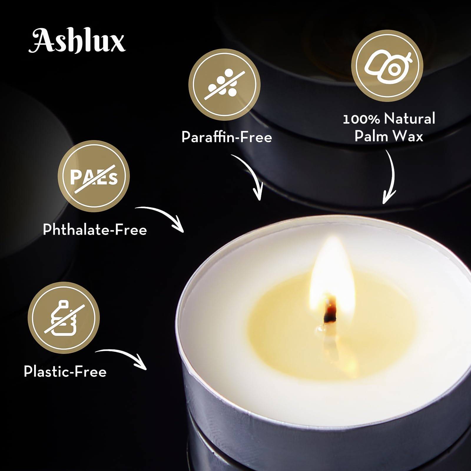Ashlux Unscented Palm Tea Lights Candles 50 Pack Bulk, 8 To 9 Hours Long Burning White Tea Lights,Non-Paraffin, Smokeless, Mini Tealight Candles For Wedding, Table Centerpiece, Party, Power Outages