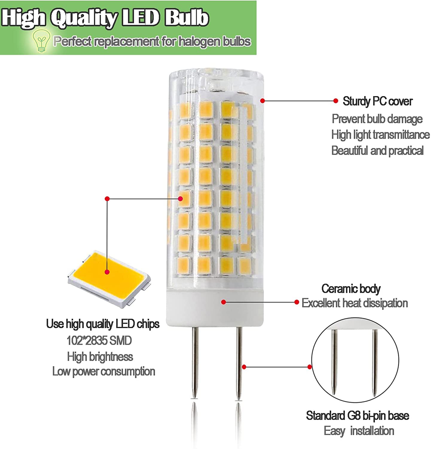ZSSXOLED G8 LED Bulb Dimmable 7W Bi-Pin Base Warm White 3000K, 5 Pack, Ceramic for Under Cabinet Lighting