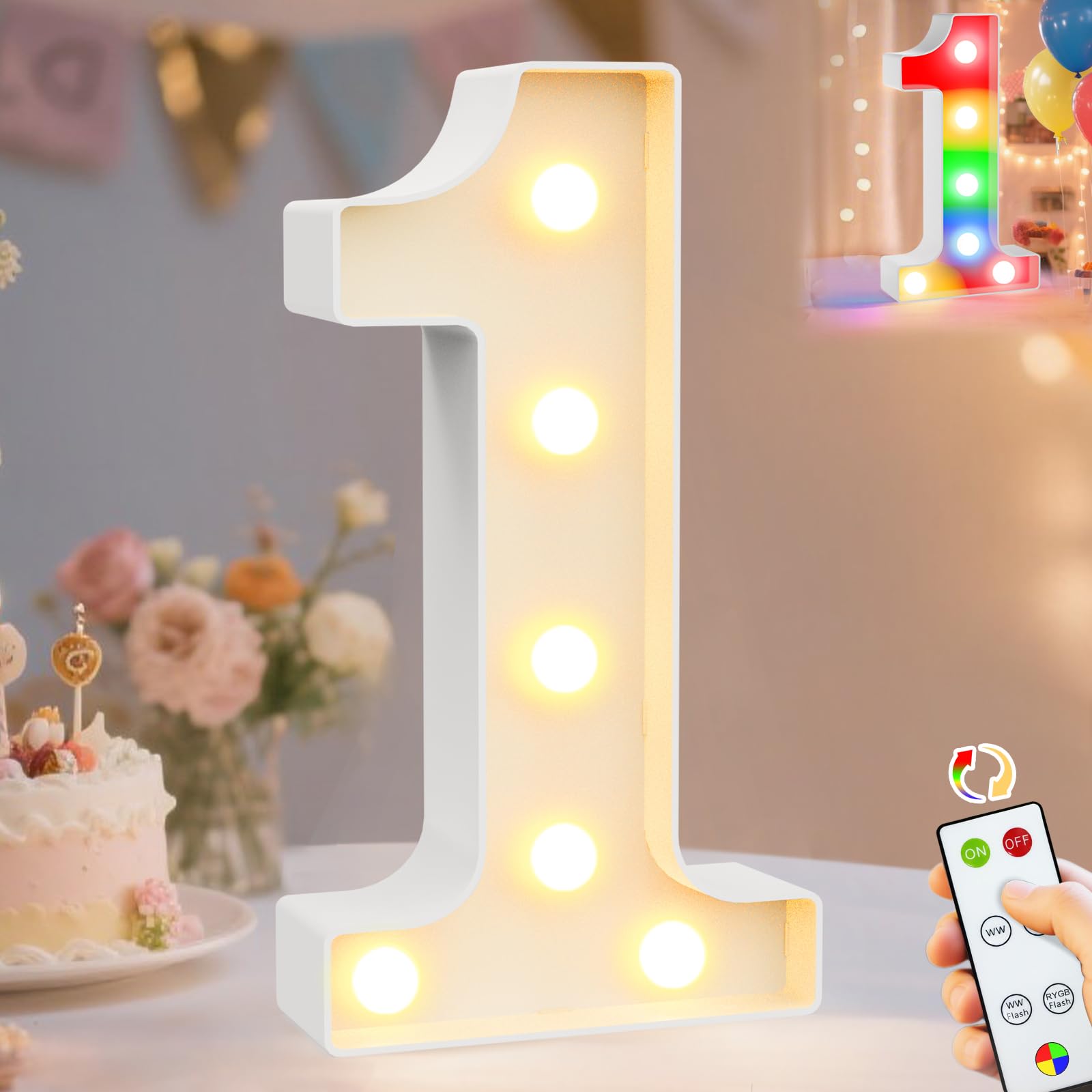 Pooqla Led Light Up Numbers 1  Warm White And Colorful Lighted Marquee Numbers With Remote  Lighted Numbers For 1St 16Th 21St Birthday Decorations  Gift For Girls Boys Anniversary Home Party Decor