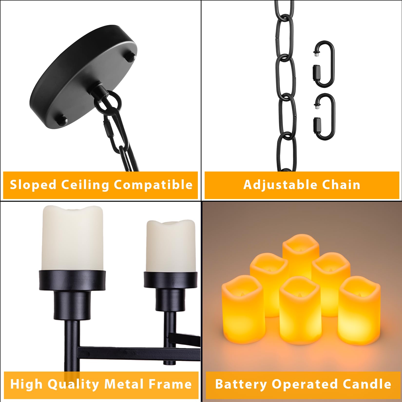 ALL FORTUNE Battery Operated Chandelier - Extra Large Black Outdoor Hanging Candle Lights for Gazebo, Canopy, Porch, Tent Decor, Model KF68208