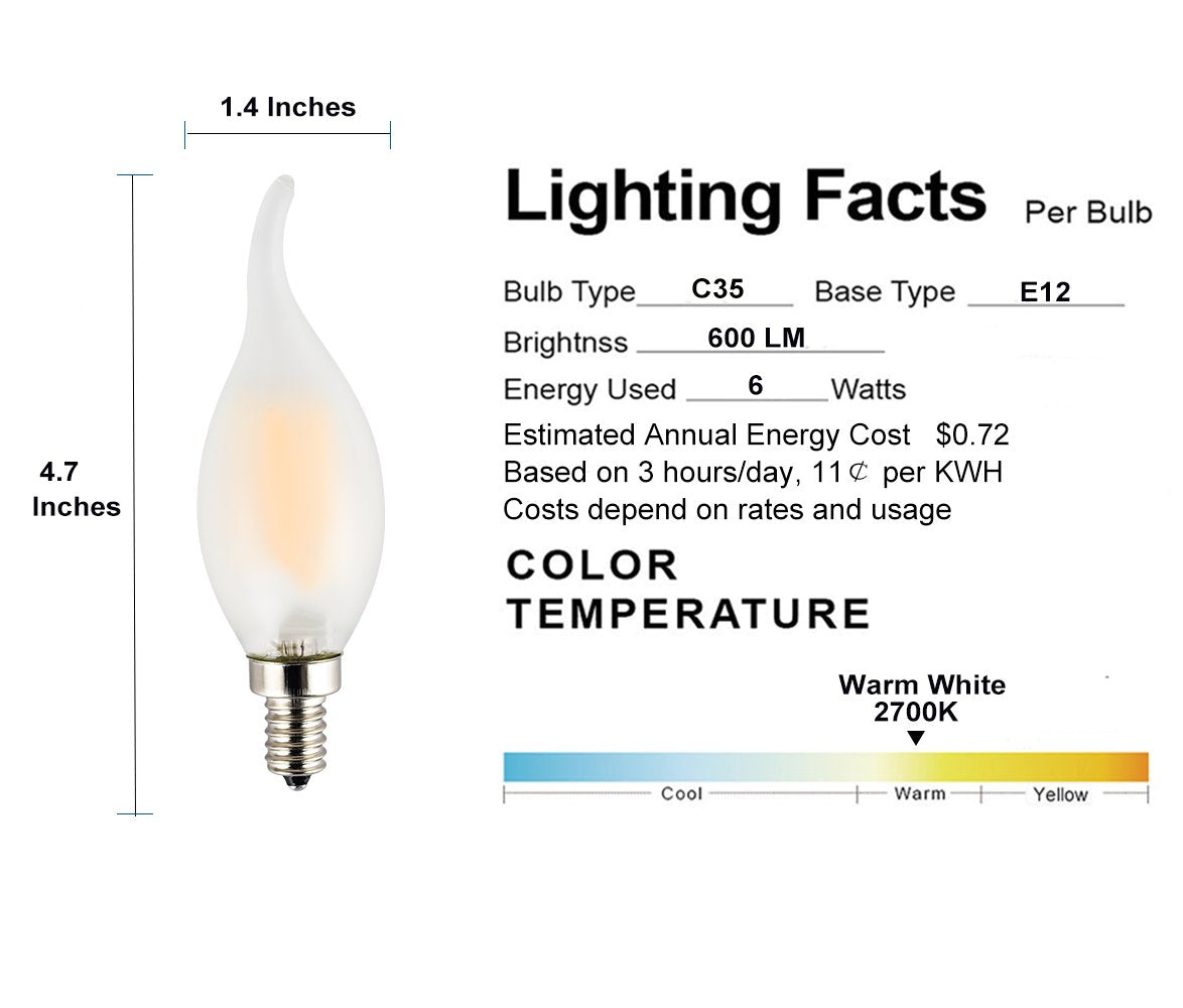 Opalray C35 6 Watts Dimmable Led Filament Bulb, E12 Small Base Candelabra Lamp, 2700K Warm White Light, Frosted Glass Shell, Fla